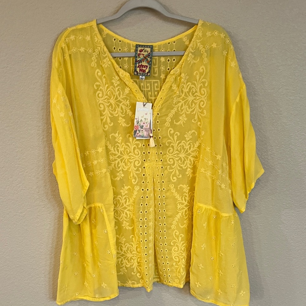 Johnny Was Soft Citron Embroidered Blouse